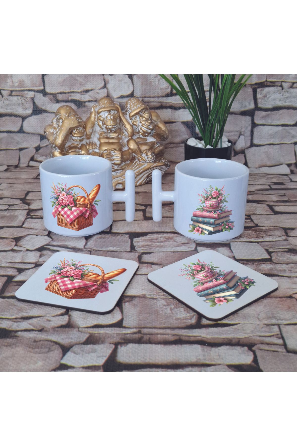 giftkonsept Bohem Yaz Temalı Baskılı 4'lü Set Ahşap Bardak Altlığı ve Latte Fincanı T Kulplu Kupa Bardak