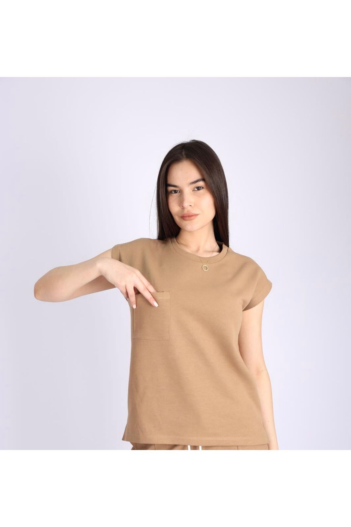 PRADIER %100 organik pamuk bisiklet yaka cepli t-shırt-KİREMİT