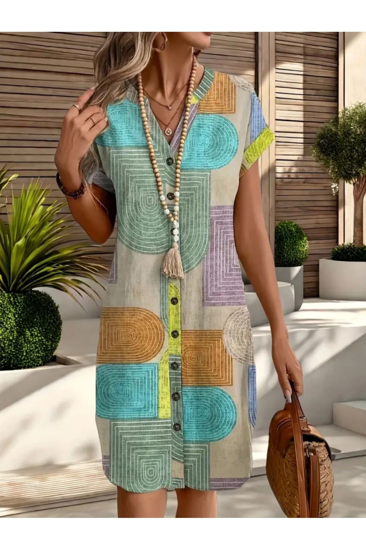 Jessica Dafer Şık V Yaka Batwing Kollu Geometrik Desenli Beli Sıkı Kesim Trend Elbise