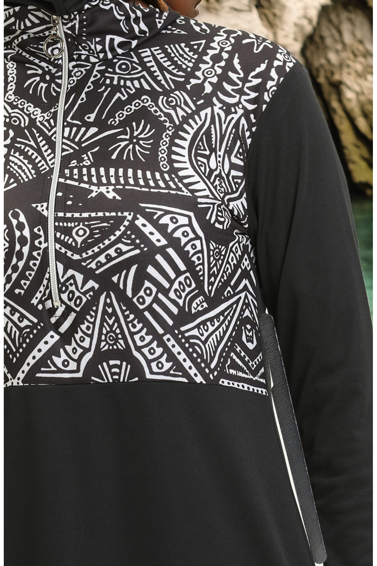 sefamerve Strój kąpielowy z hidżabu w etniczny wzór 2313-01 Czarny