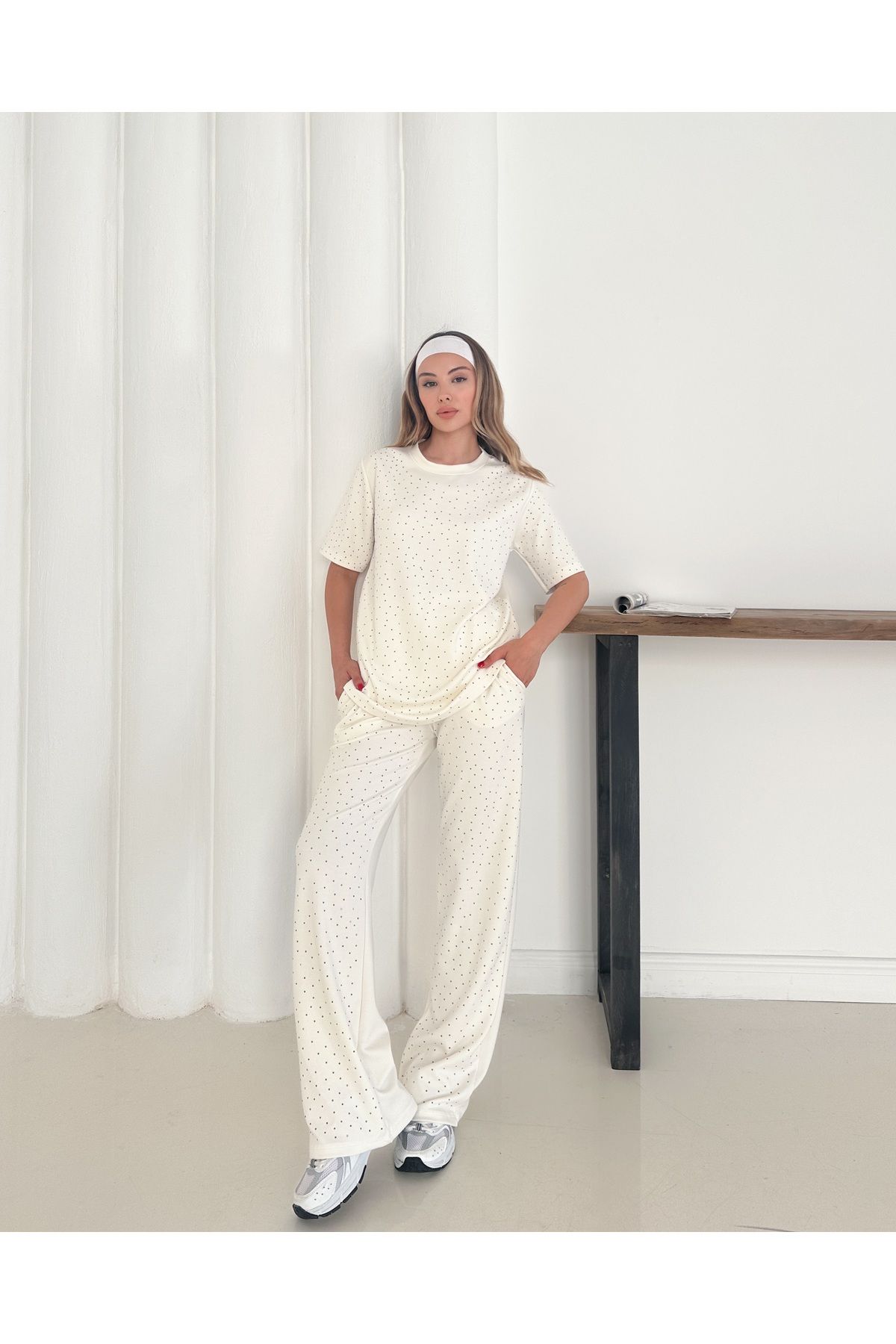 badibadii Kadın Kalın Elmas İncili Bluz Beli Lastikli Pantolon Modal Takım 3089 60283231