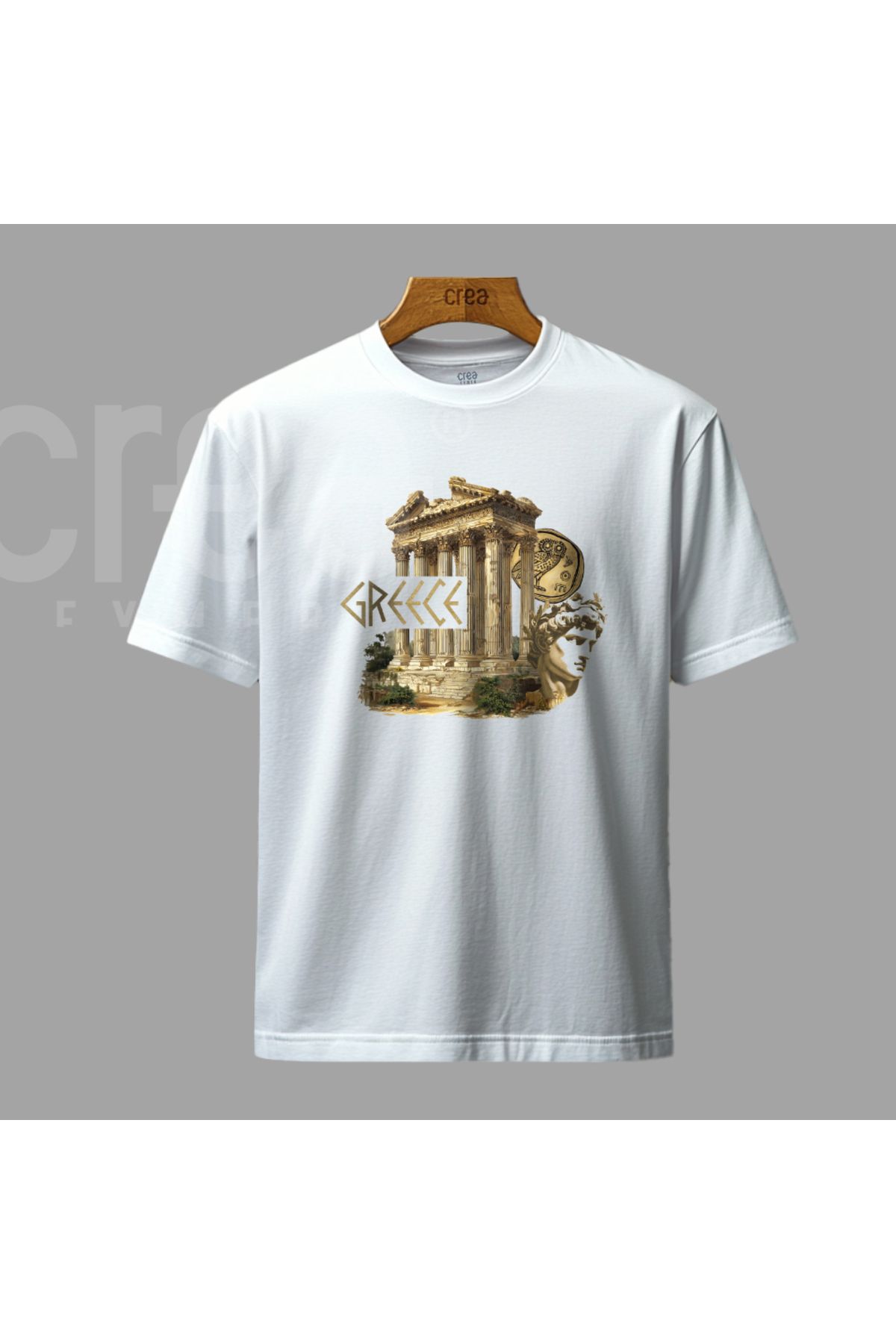 Crea Eymer Wear Greece Temple Art Printed Cotton Crew neck T-shirt White