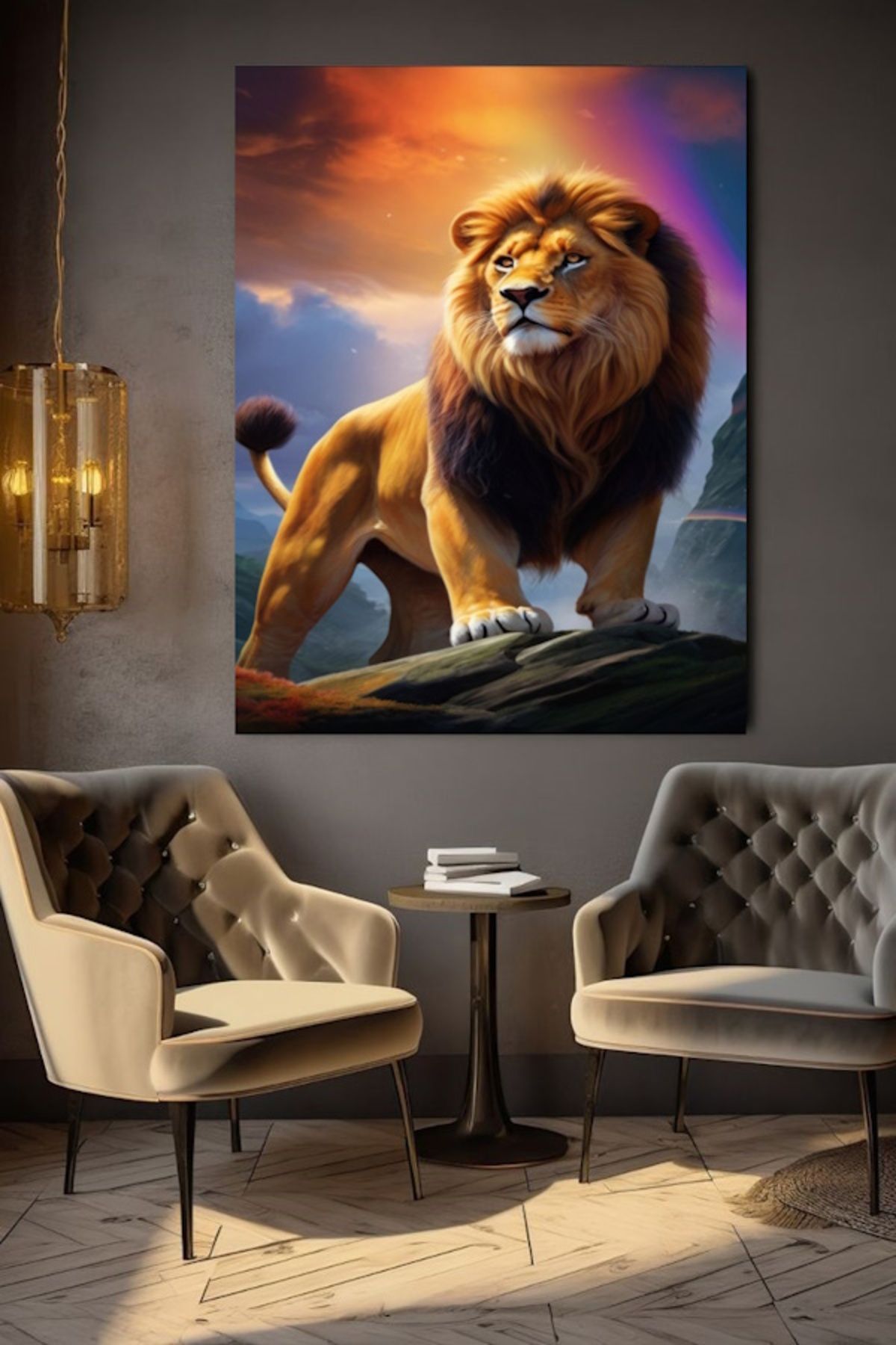 özkacar DAĞDA POZ VEREN ASLAN KANVAS TABLO EV DUVAR SALON OFİS DÜKKAN HEDİYELİK DEKARASYON SÜSÜ