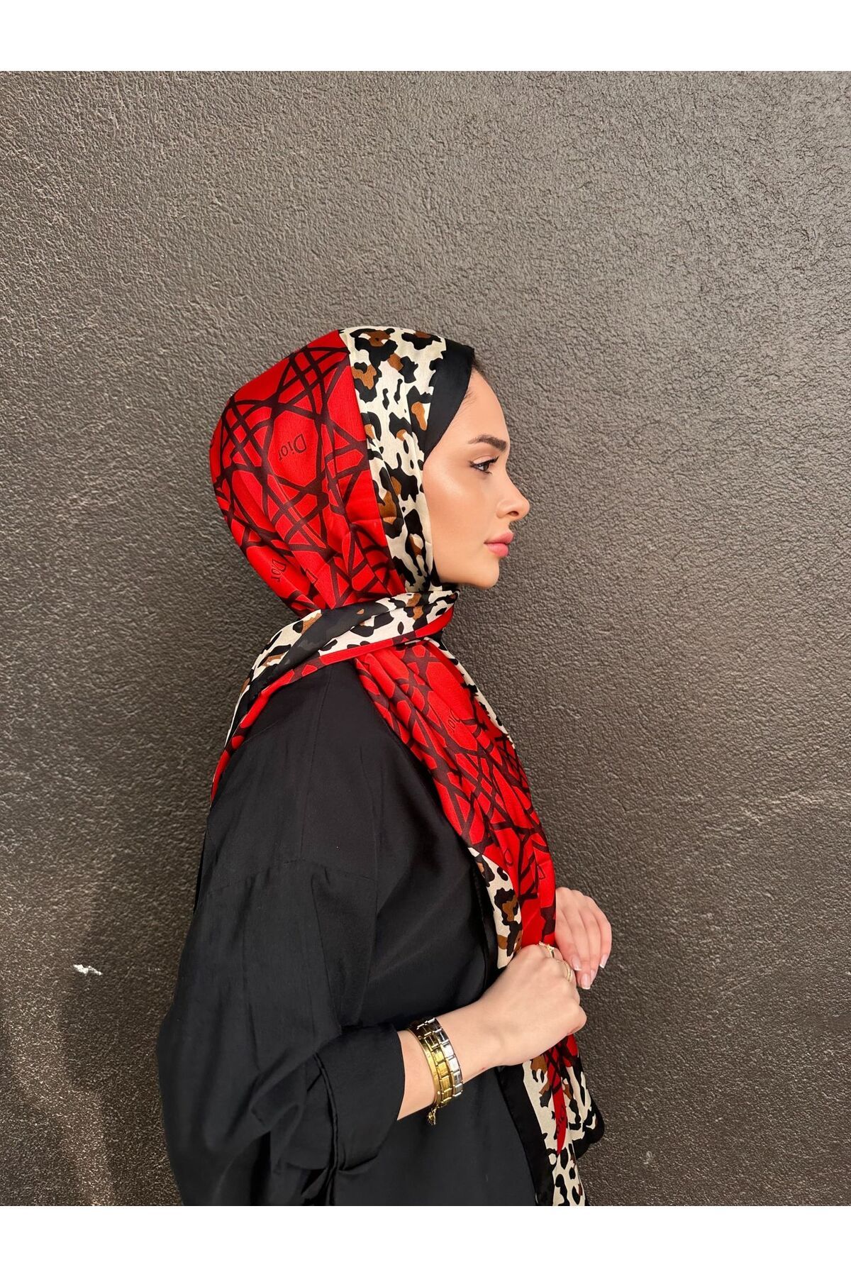 PİRAMİT Dior Vual İpek Şal Siyah Kırmızı