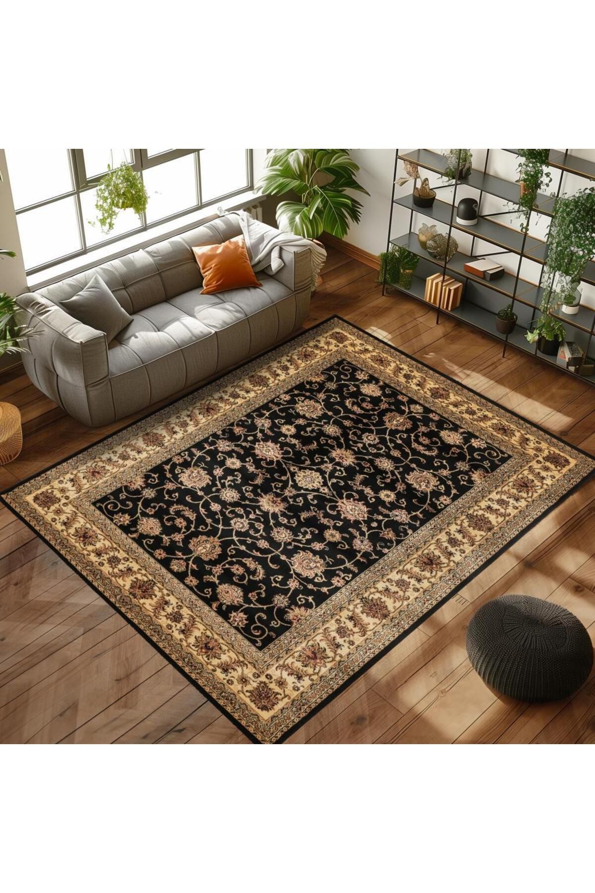 Karpetica Marrakesh Klasik Desenli Iran Tarzı Barok Süslemeli Siyah Gold Bej Renkli Dokuma Salon Halısı