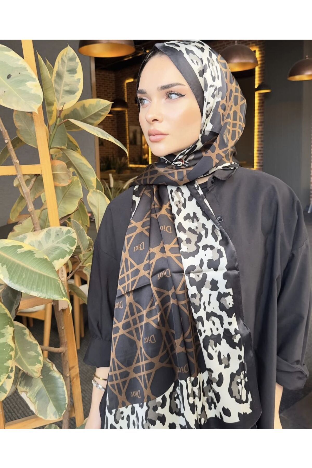 PİRAMİT Dior Vual İpek Şal Siyah Kahve