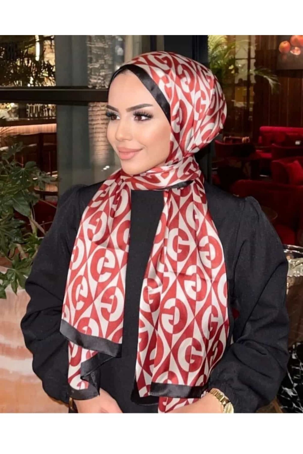 PİRAMİT GUCCİ G DESEN VUAL İPEK ŞAL SİYAH KIRMIZI