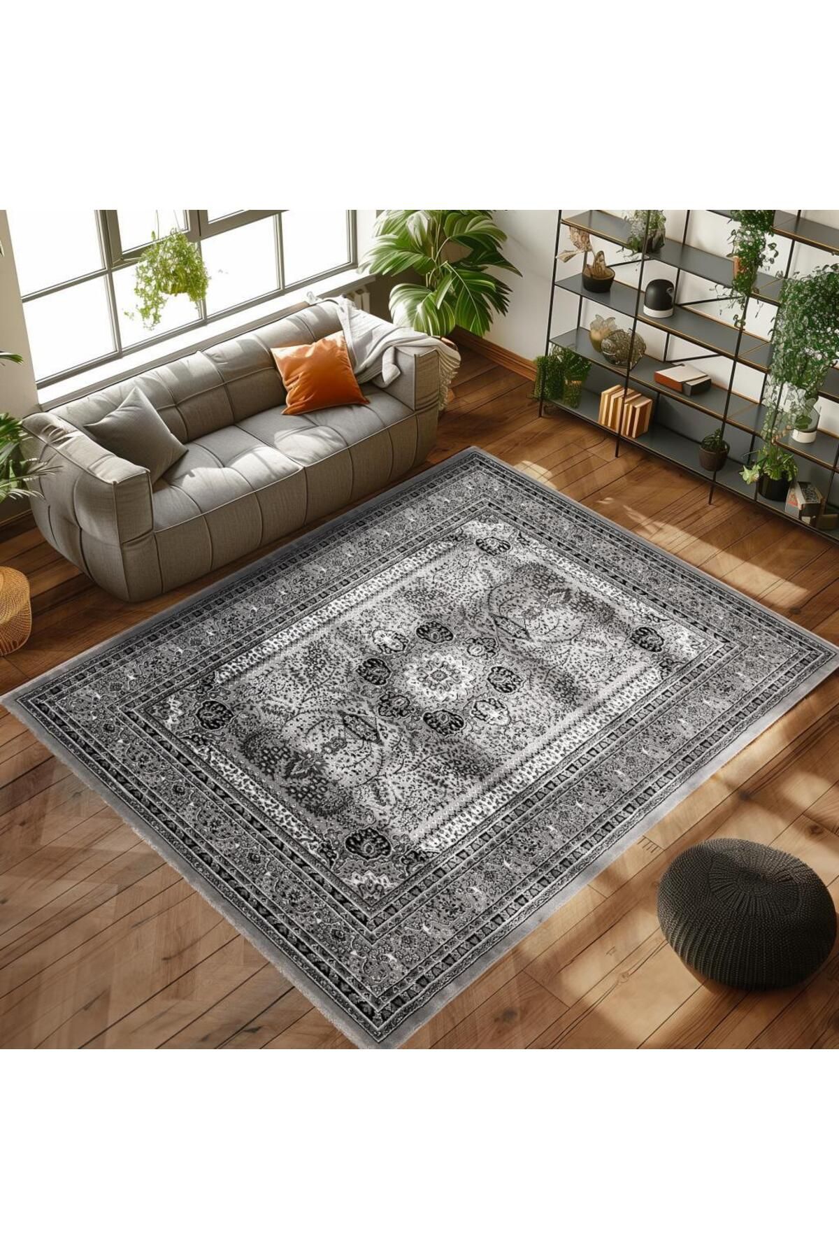 Karpetica Marrakesh Klasik Desenli Iran Tarzı Barok Süslemeli Siyah Gri Beyaz Renkli Dokuma Salon Halısı