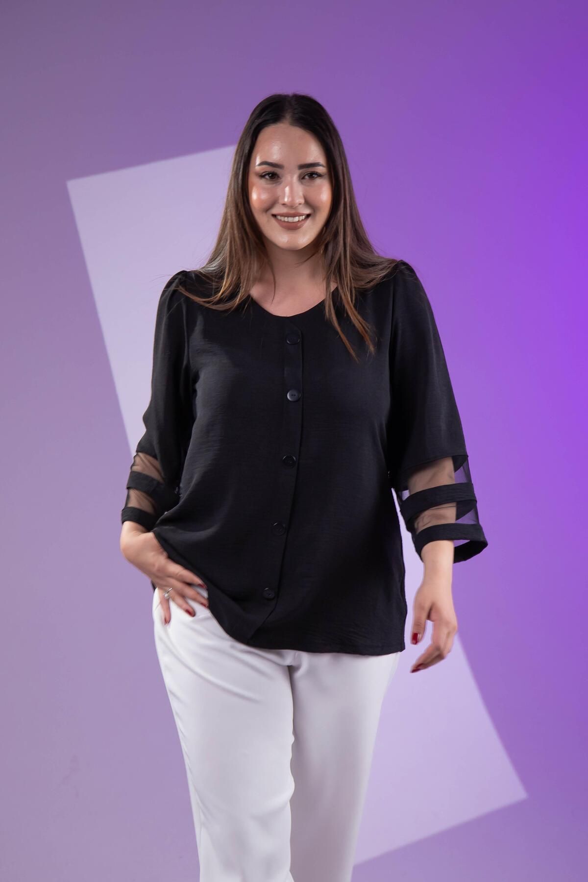 Roxxlen 3330464 Büyük Beden Kolu Tül Detaylı Bluz Siyah