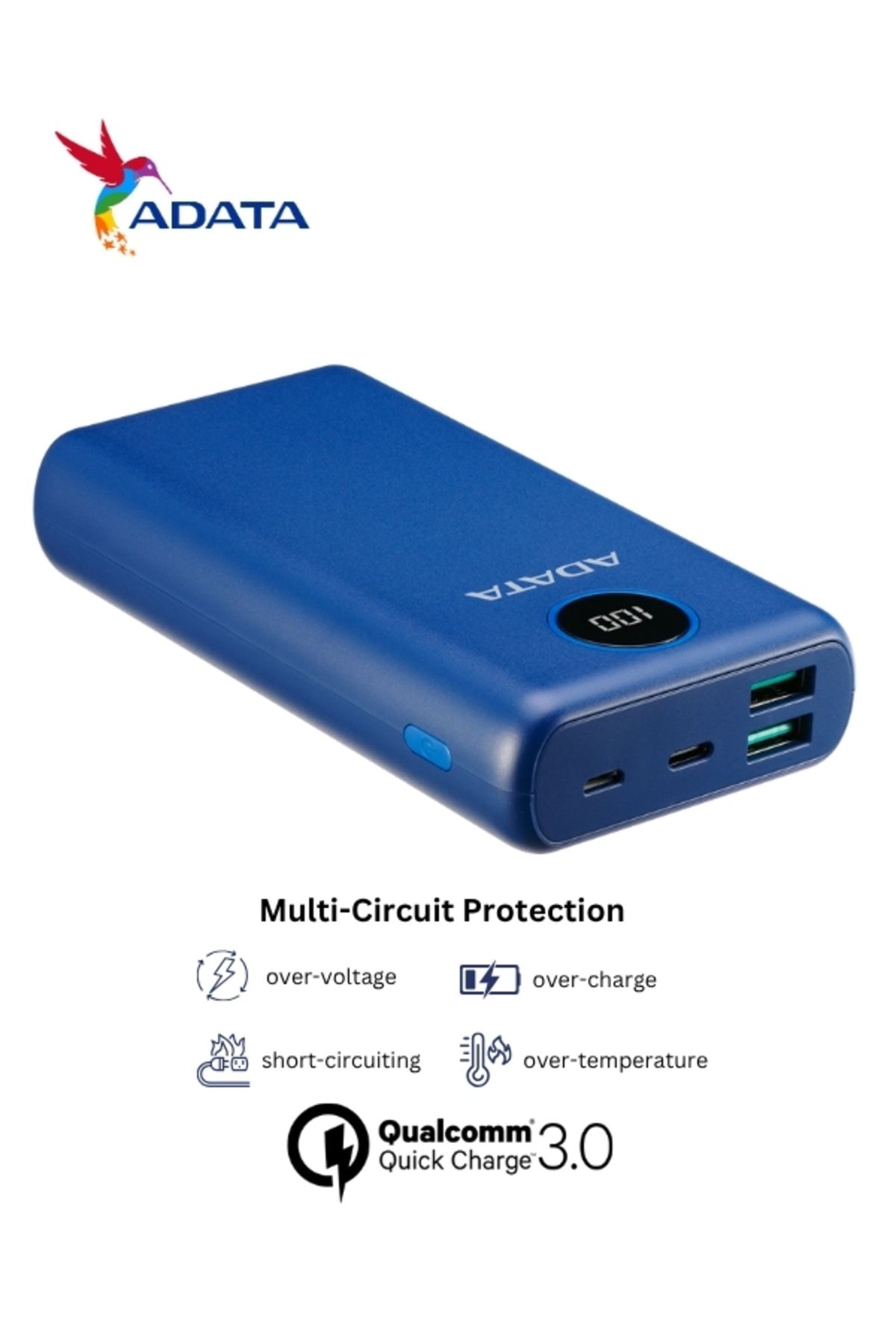 Adata-Power Bank P20000QCD | 20,000 mAh | Fast Charging Qualcomm QC 3.0 USB Type-C and Type-A | 18 watt 5