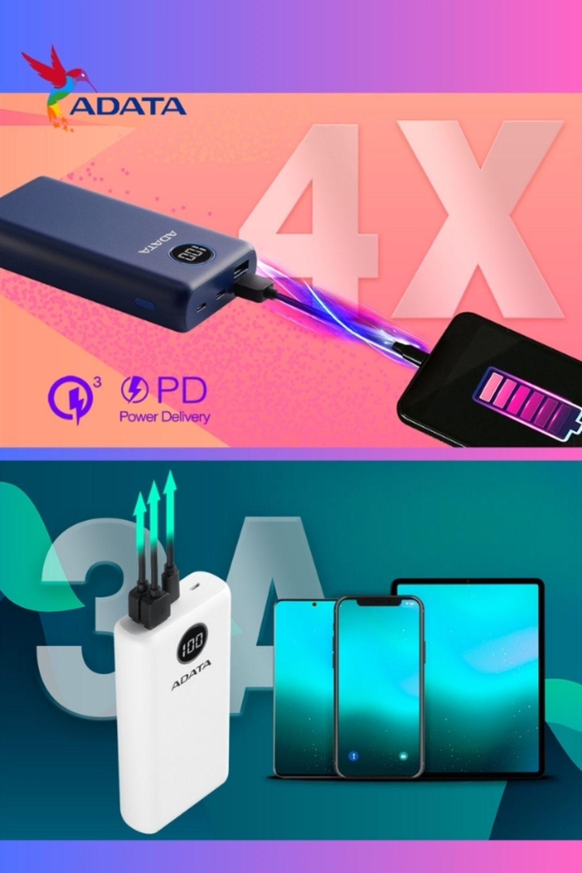 Adata-Power Bank P20000QCD | 20,000 mAh | Fast Charging Qualcomm QC 3.0 USB Type-C and Type-A | 18 watt 7