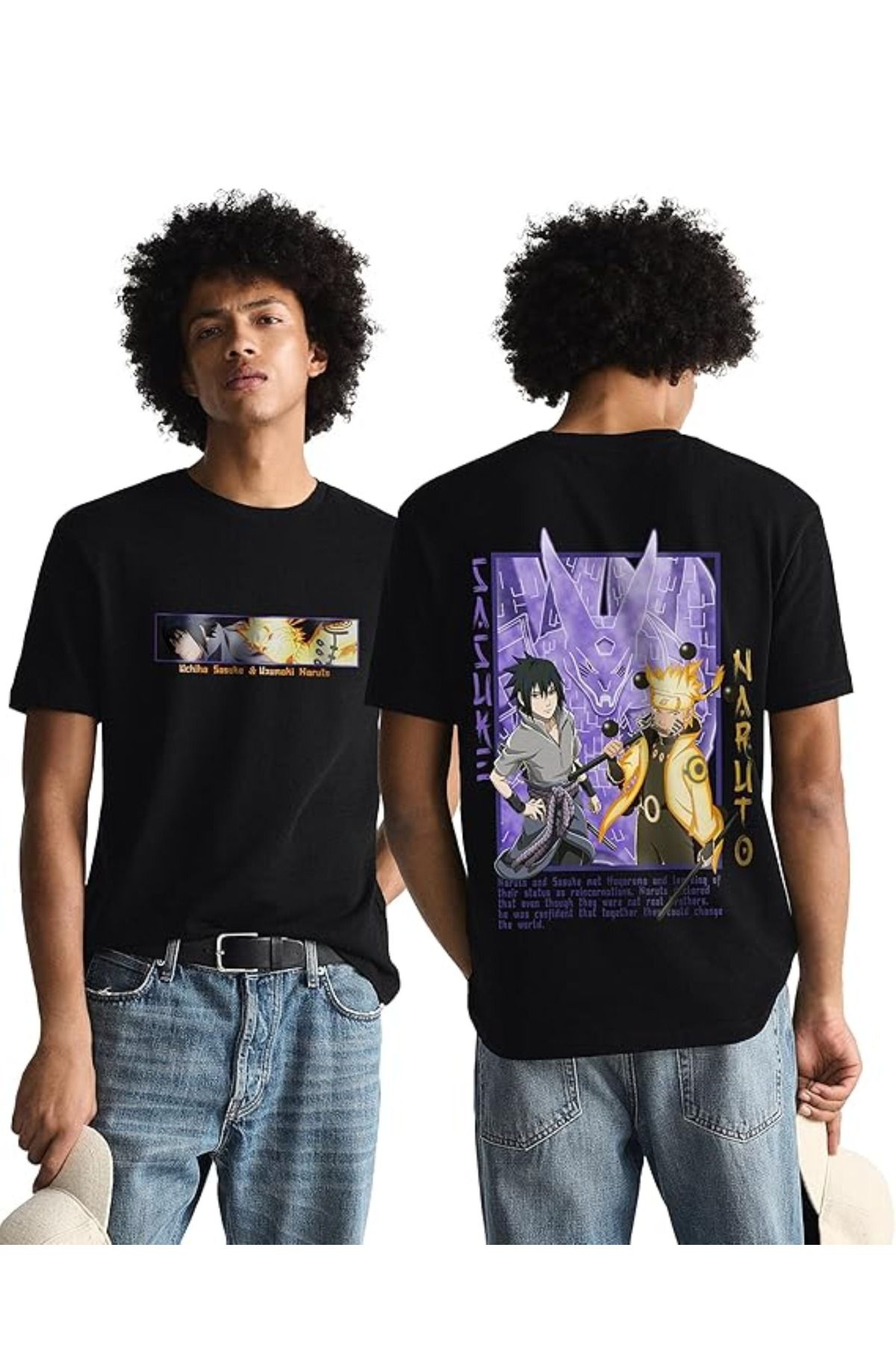 aynewmoda Naruto Uzumaki ve Sasuke Uchiha Anime Kısa Kollu Normal Kesim Tişört Erkekler ve Kadınlar için