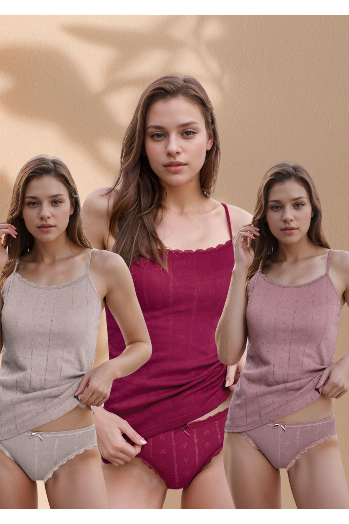 Loule 3 Adet Bordo-Mürdüm-Gri %100 Pamuklu Kalp Desen İp Askılı & Bikini Külot 2'li Takım LL.IL22.KE942.00