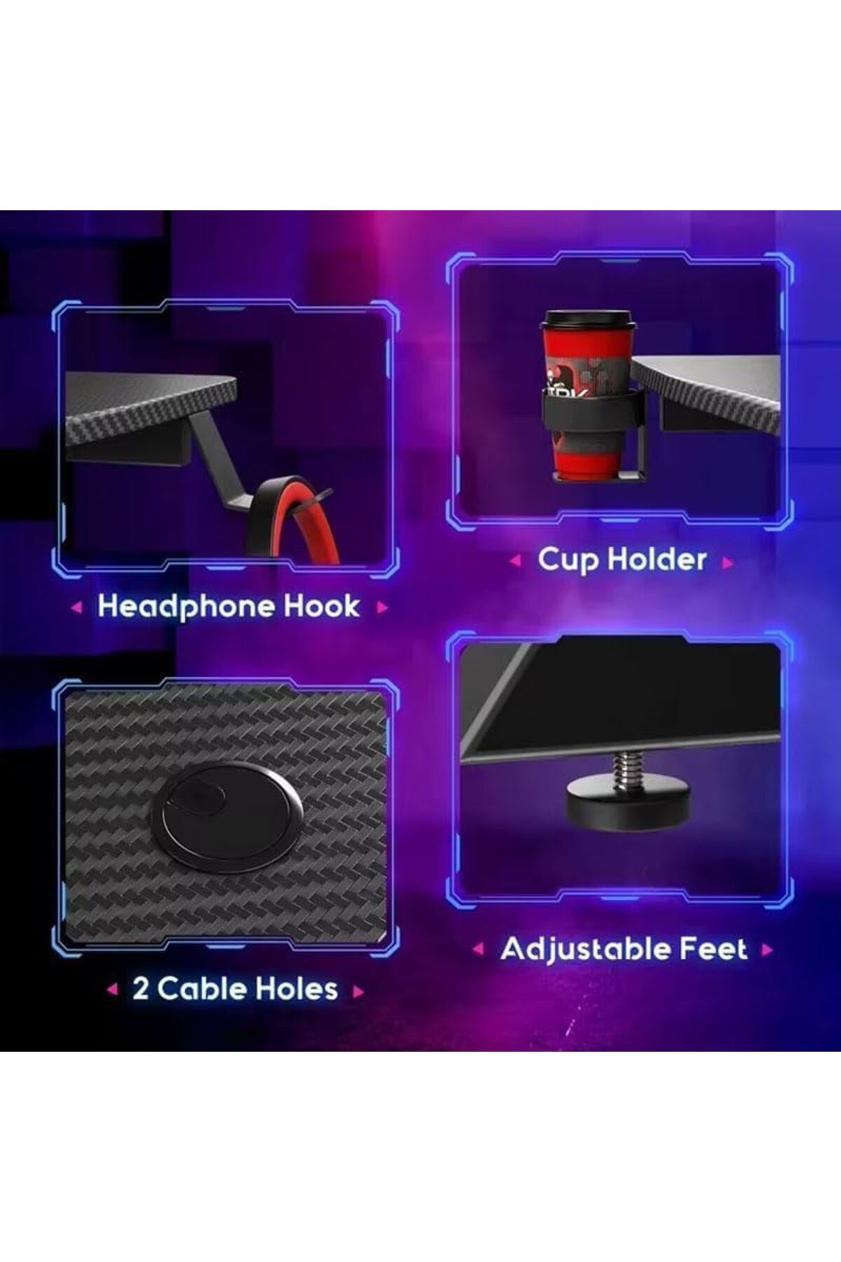 AGD-Z-shaped Gaming Table, Carbon Fiber Home Computer Desk with Headphone Hook and Cup Holder, 120 c 6
