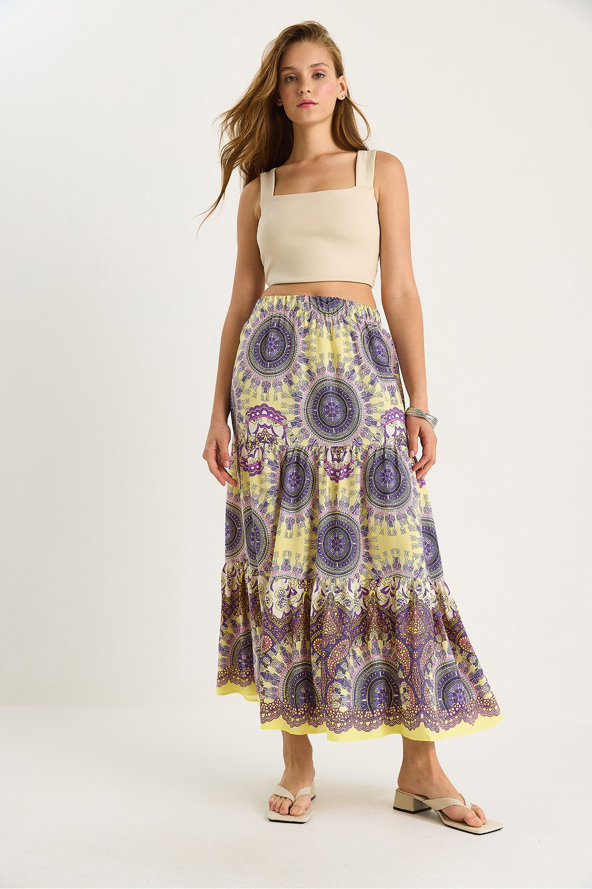 Bianco Lucci-Women's Patterned Elastic Waist Long Vsicon Skirt 8045 60283479 4