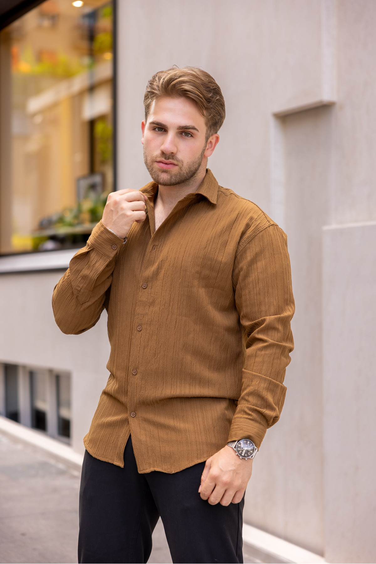 COMBİNE MİCHAİL-Cămașă de in caramelo cu model pentru bărbați 3