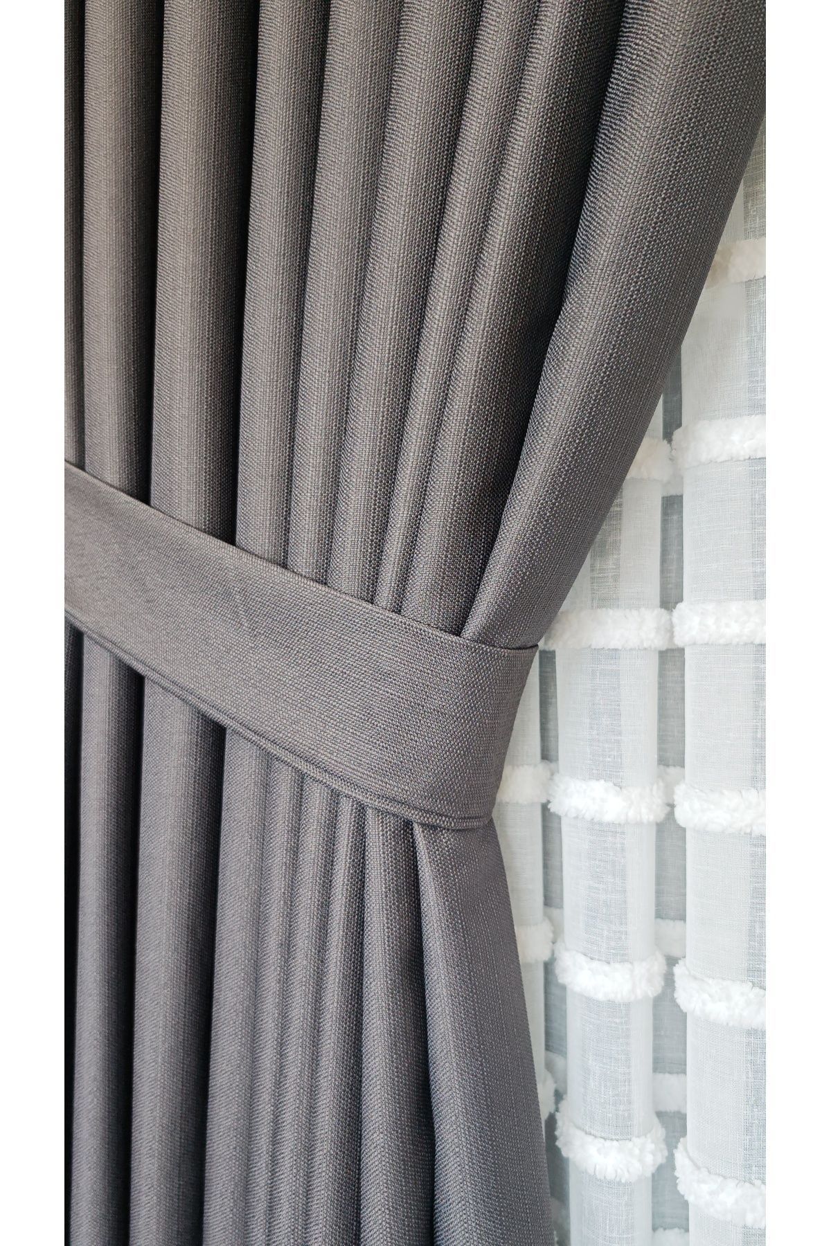 Yuka-Linen Textured Anthracite Panel Background Curtain Luxury Heavy Weight Tek Wing 1/3 Tight Pleated Solid Color 1