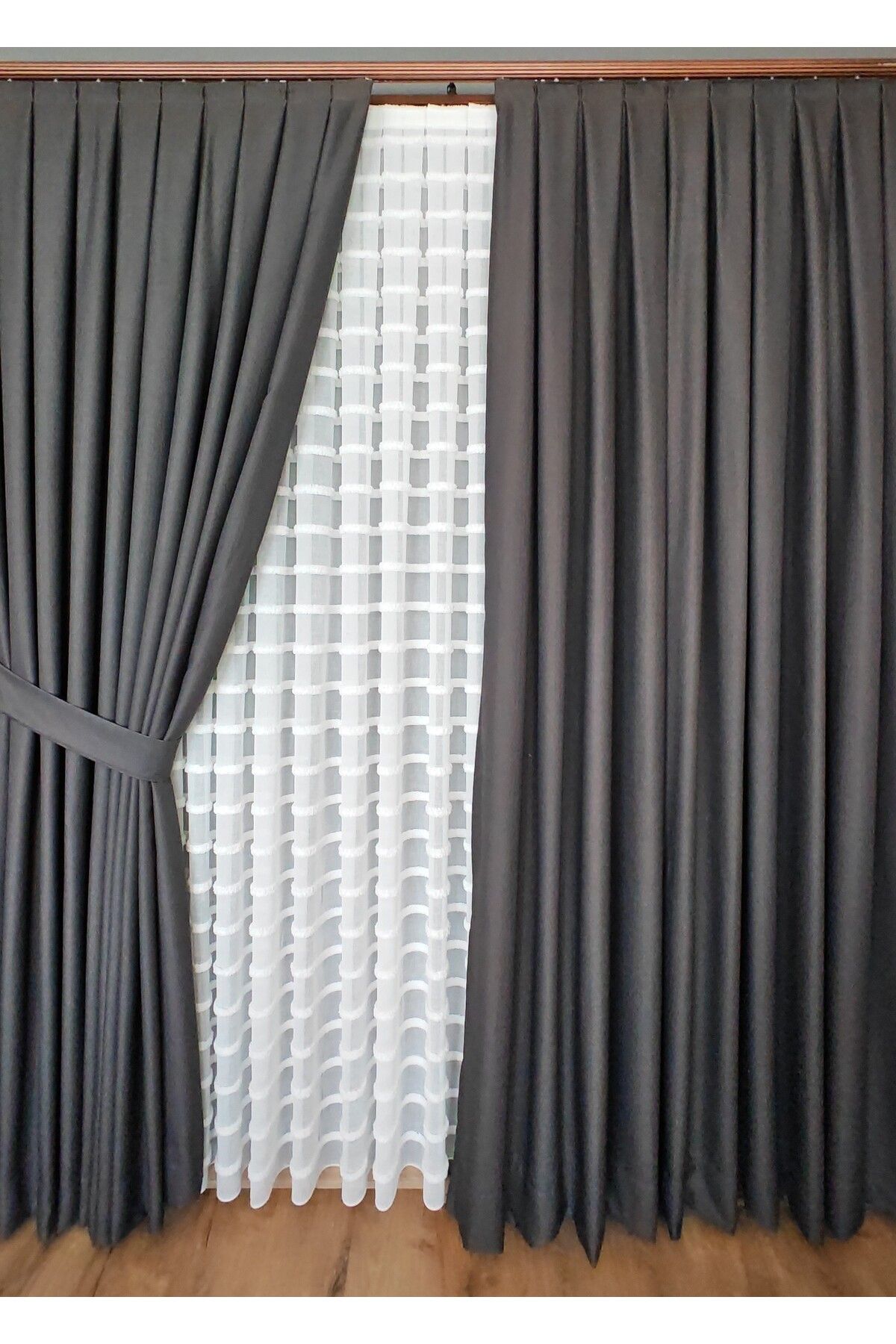 Yuka-Linen Textured Anthracite Panel Background Curtain Luxury Heavy Weight Tek Wing 1/3 Tight Pleated Solid Color 5