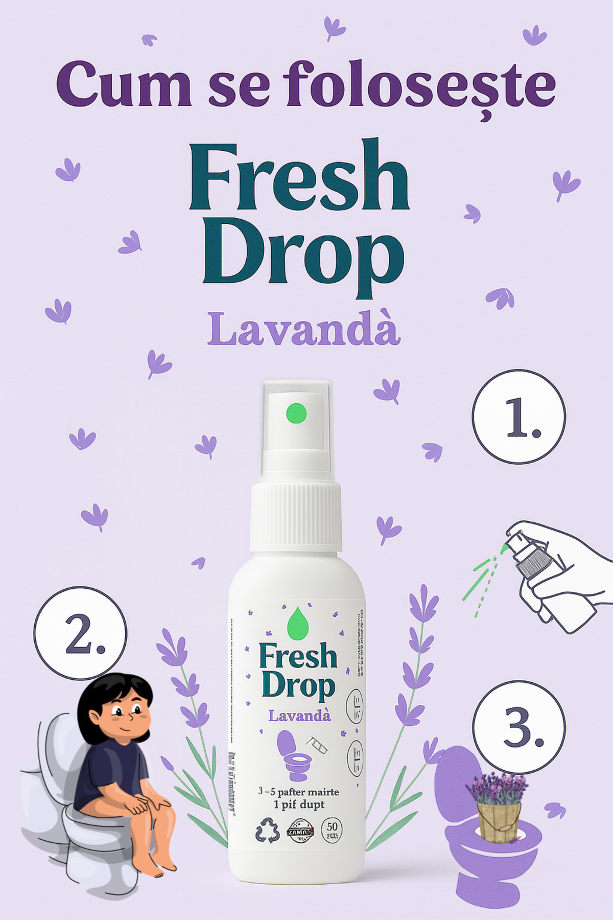 dalip-Odorizant Spray pentru WC Fresh Drop, Lavanda, Elimina Mirosul și Igienizeaza, 50ml 3