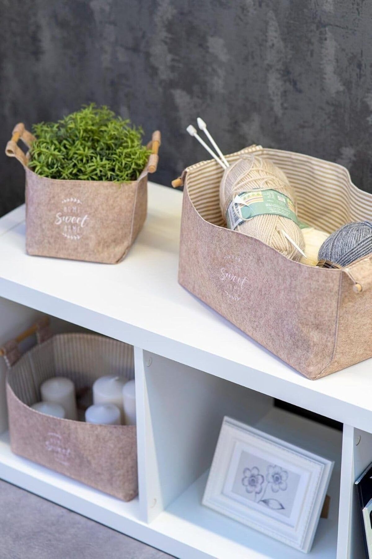 Mena Rise-Şirinshop Felt Board Handle Organizer Basket - Multi-Purpose Storage Organizer Box Maxi Brown 1