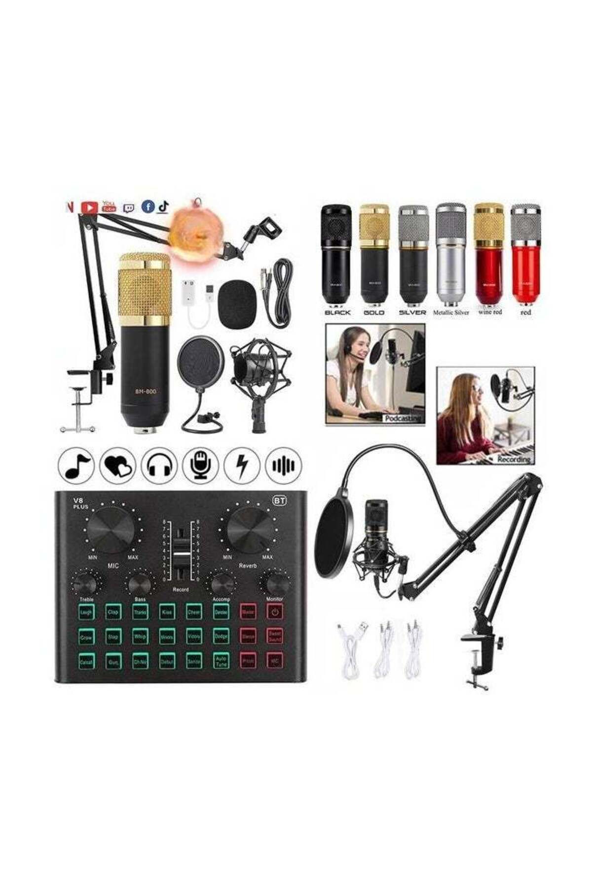 Bonjour-Professional Condenser Microphone Kit with V8 Plus Live Sound Card, Spectrum Button Light, Wireless 1