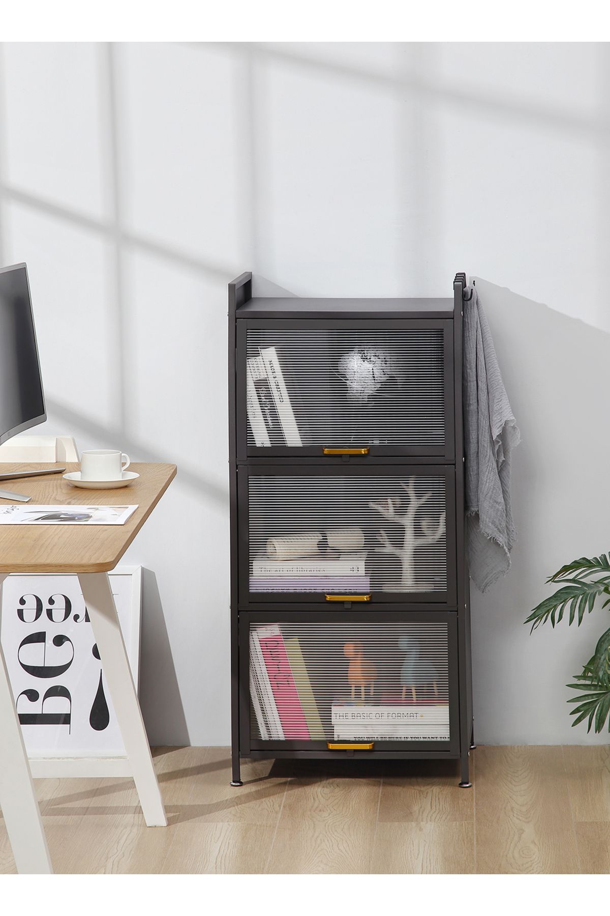 Lawazim-Iron Cabinet - 3 Layer Vertical Storage Cabinet with Ribbed Doors and Side Hooks 3