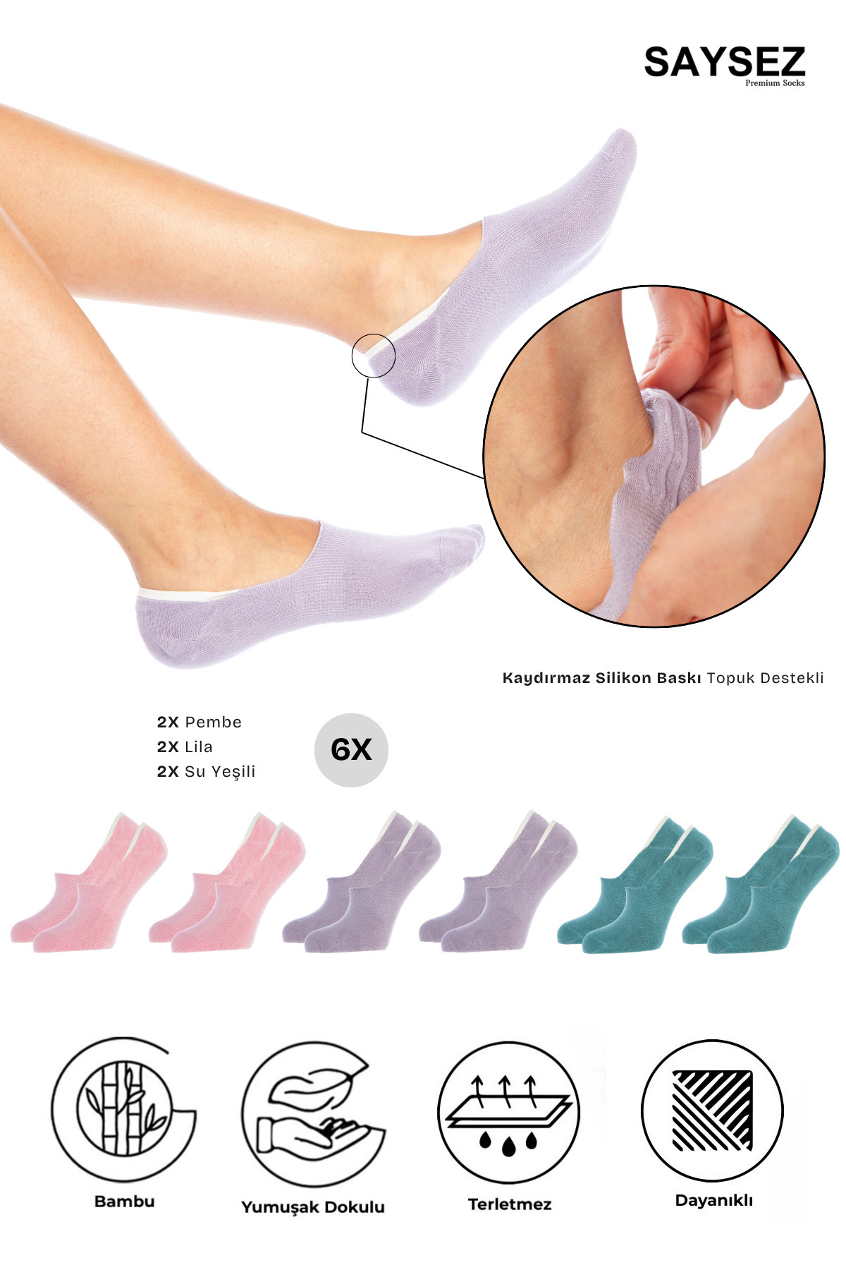 Bamboo Women's Flat Colorful Socks Seamless Invisible Anti-Slip Heel Silicone Premium 6-Pack
