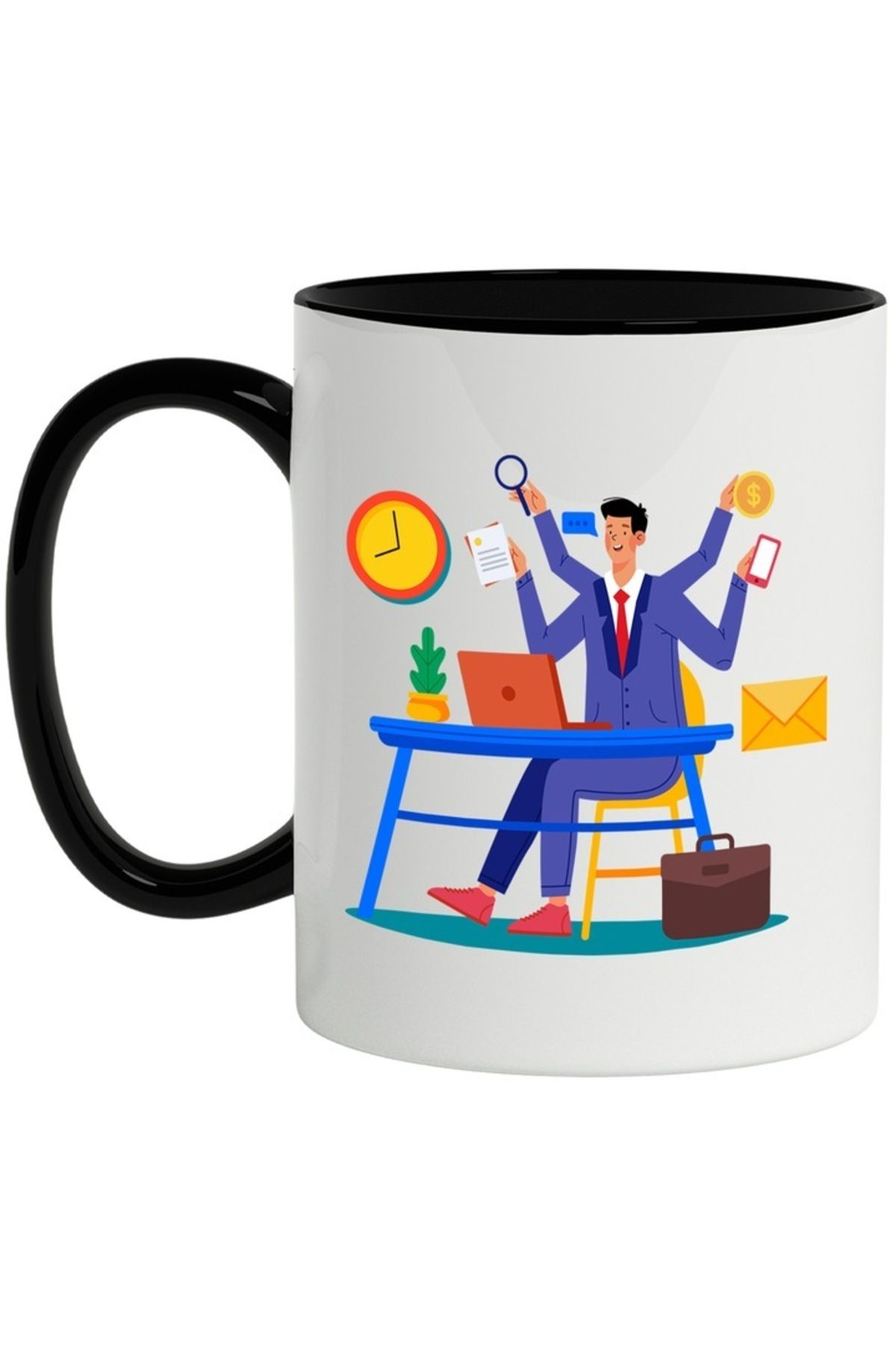INOVATIX-Personalized white mug, Office, Multitasking, Clock, Laptop, with Black Handle, INOVATIX®. 330ml 1