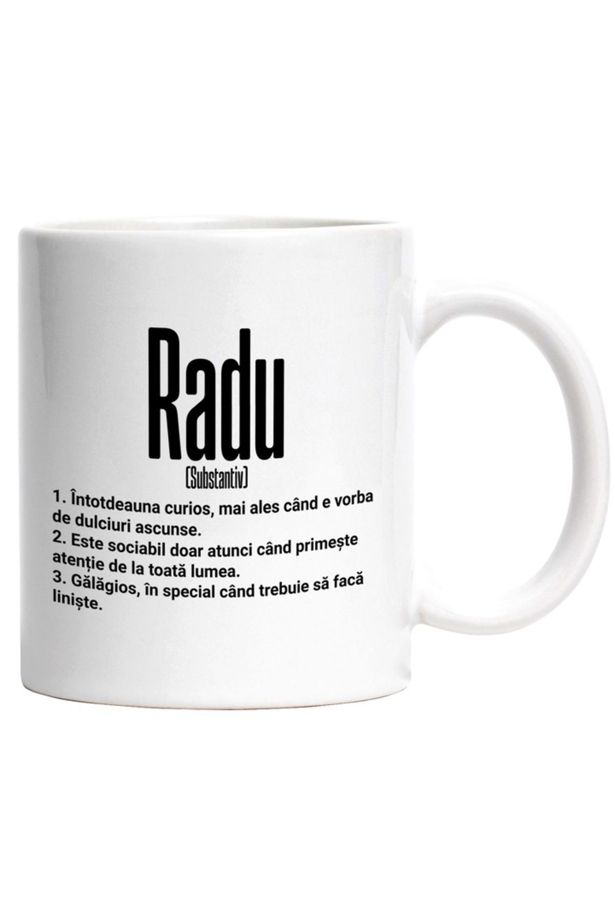 INOVATIX-Personalized white mug, Name Radu, With Funny Message, Curious, Sociable, Noisy, INOVATIX®. 330ml 1