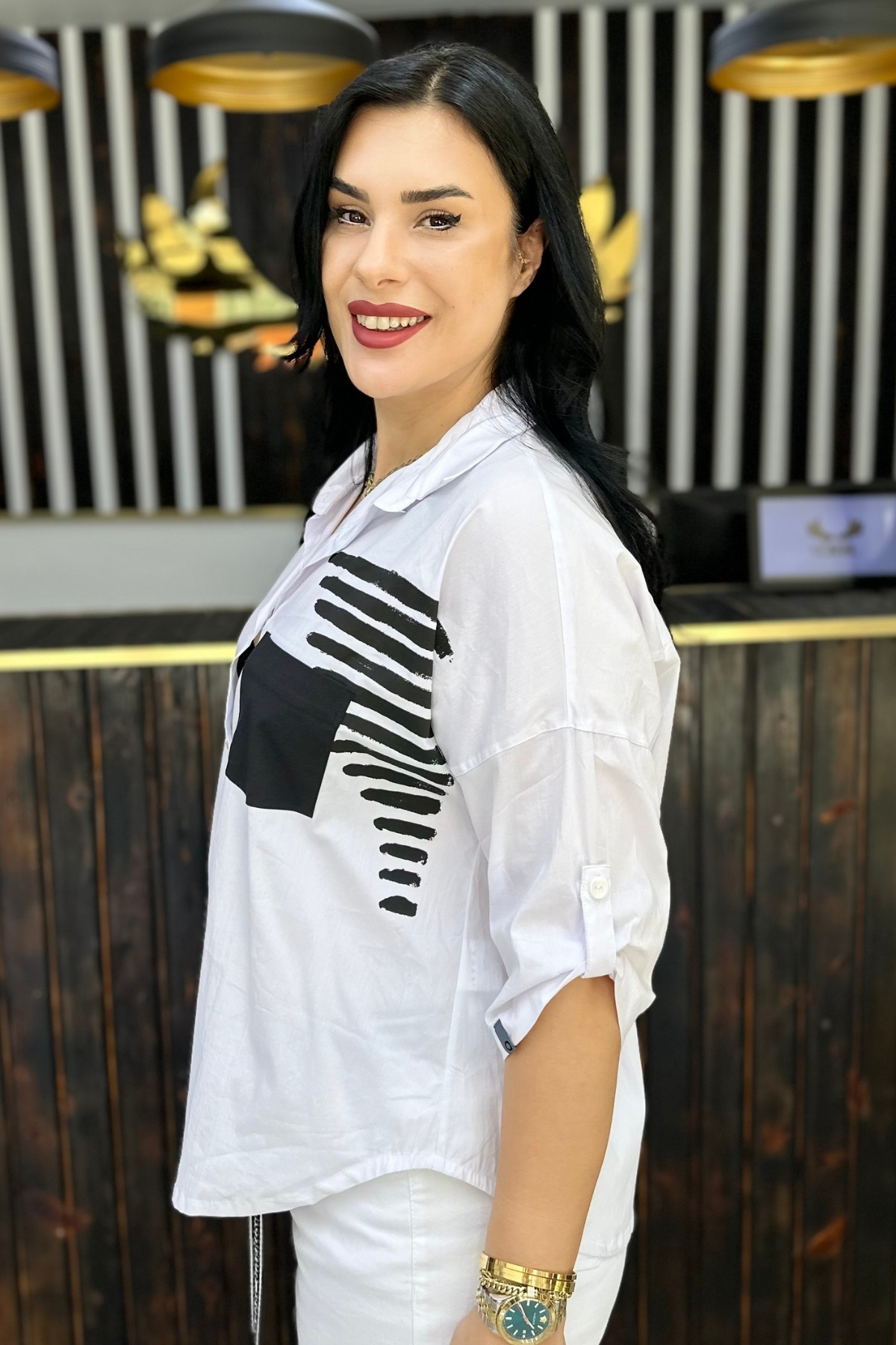GÖKSEL-White Black Patterned Shirt Large Size 2