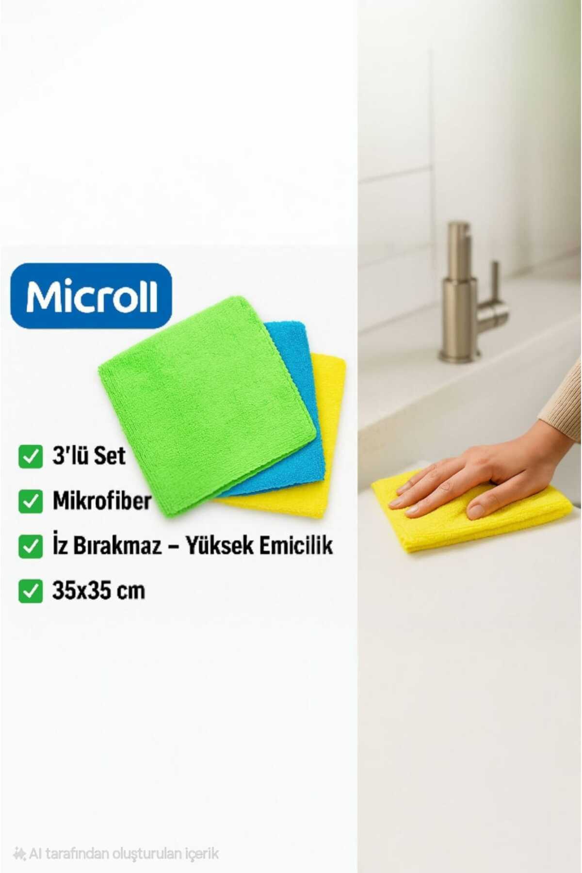 Microll Mikrofiber Temizlik Bezi 3'lü Renkli Set | İz Bırakmaz - Yüksek Emicilik - 35x35 cm