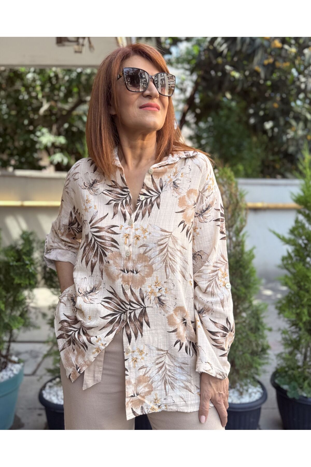 DenizEge Çiçekli Pamuk Gömlek Bej