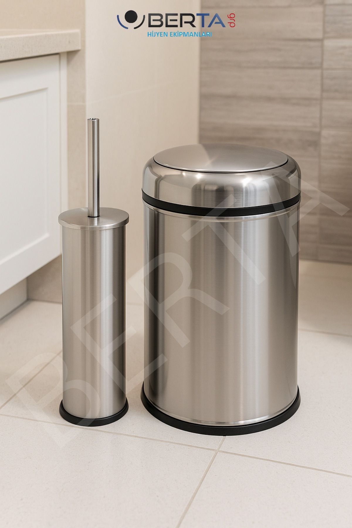 Berta Hijyen-Metal Practical Lid Trash Can 8Lt and Toilet Brush Bathroom Set - Mini Size Garbage Bag Is a Gift 3