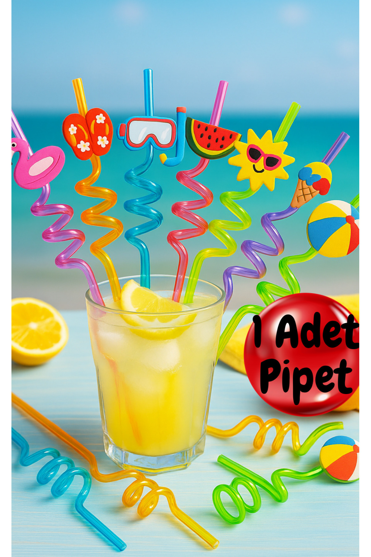 BRE HOME Renkli Desenli Spiral Pipet – Yaz Temalı Karakterli Sürpriz 1 Adet