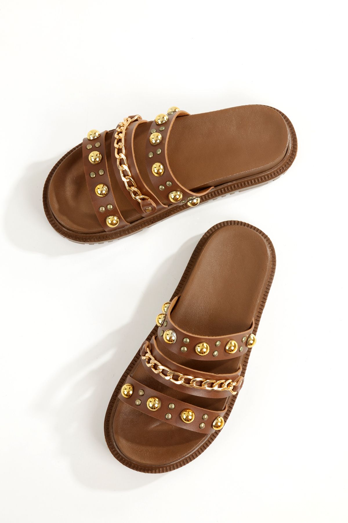 PAYZİN-''Buquet'' Tan Skin Gold Color Trock and Chain 3 Band Slippers New Season 4