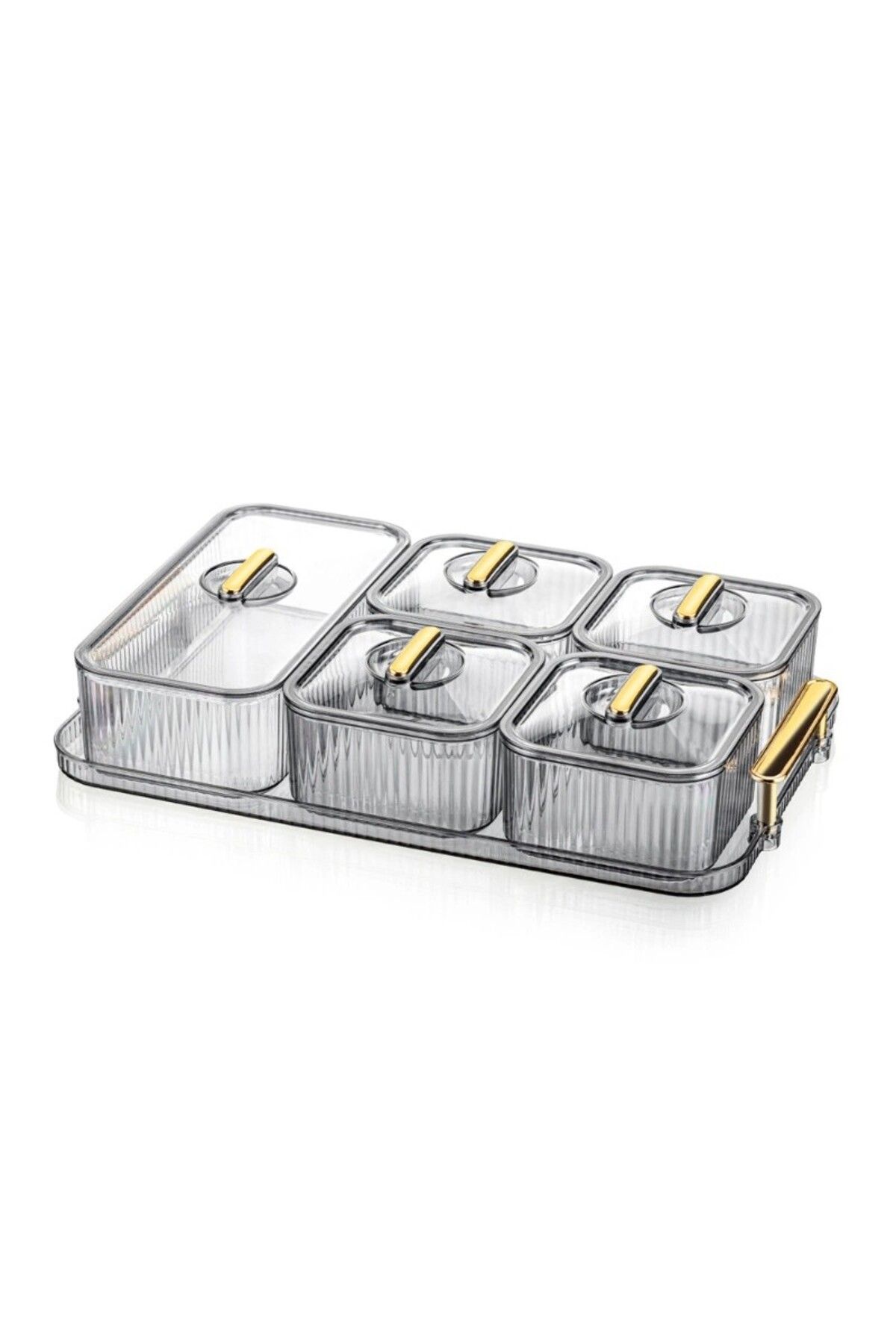 Leony-5 Compartment 11 Piece Breakfast Set with Gold Handle Tray / Storage Container Set 2
