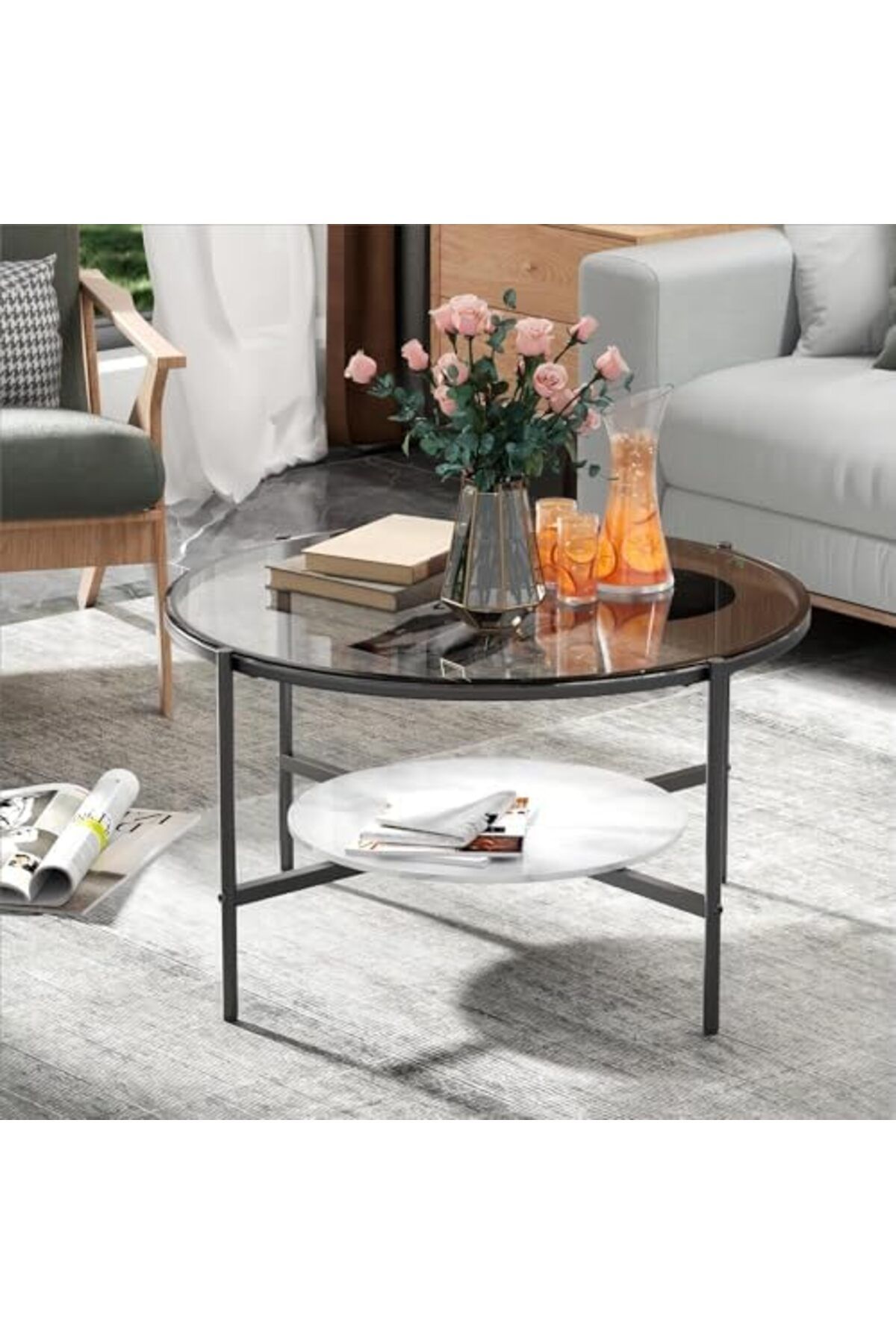 AGD-2-Tier Round Coffee Table, Luxury Modern Center Table with Large Tempered Glass Top and Low Sint 2
