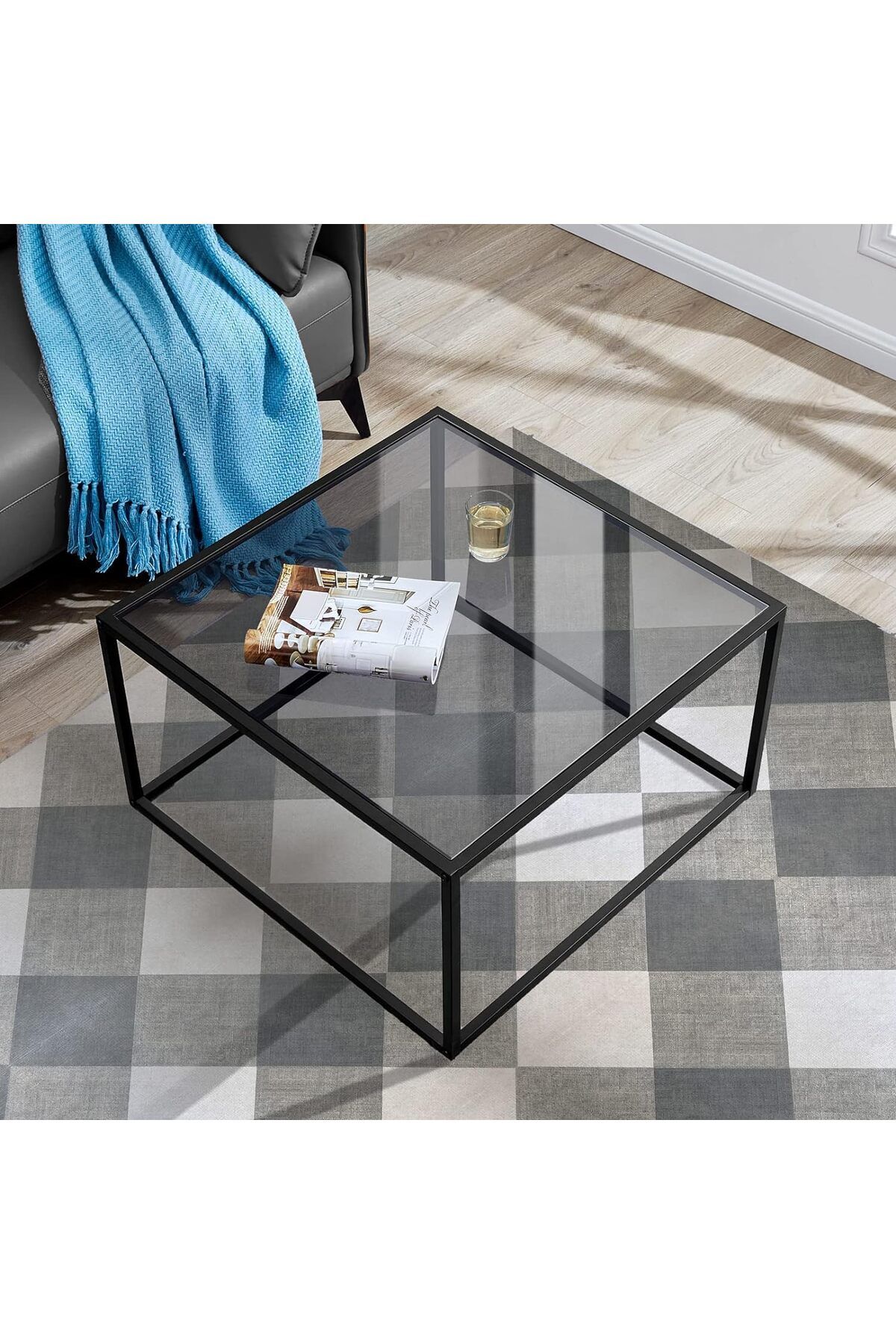 AGD-طاولة قهوة زجاجية، طاولة قهوة مربعة حديثة وبسيطة، 27.6 × 27.6 × 15.7 بوصة لغرفة المعيشة/بني 5
