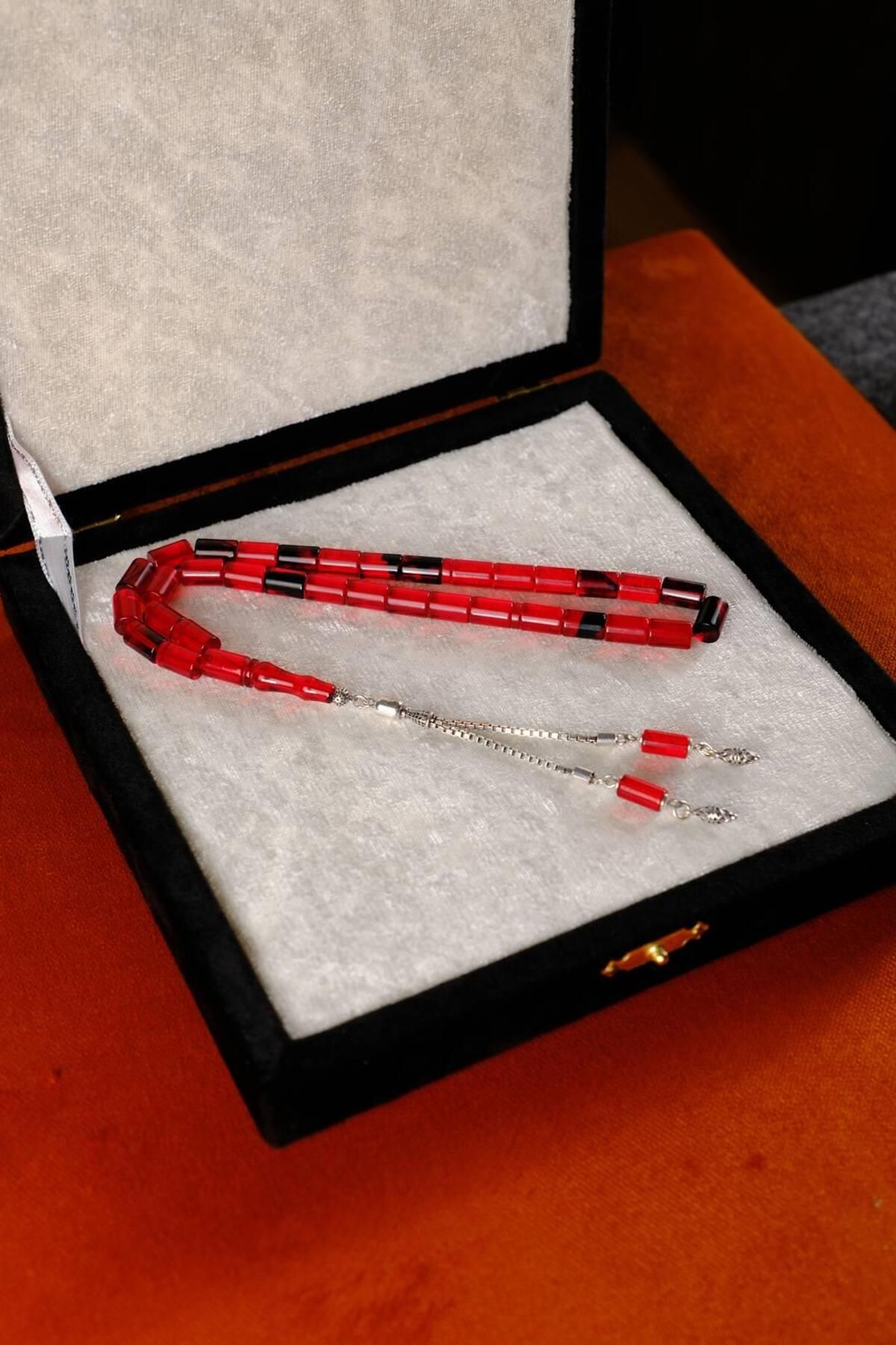 dergah tesbih-Silver Design Fire-I Crimping Amber Red Moire Cut Me Prayer Beads 2