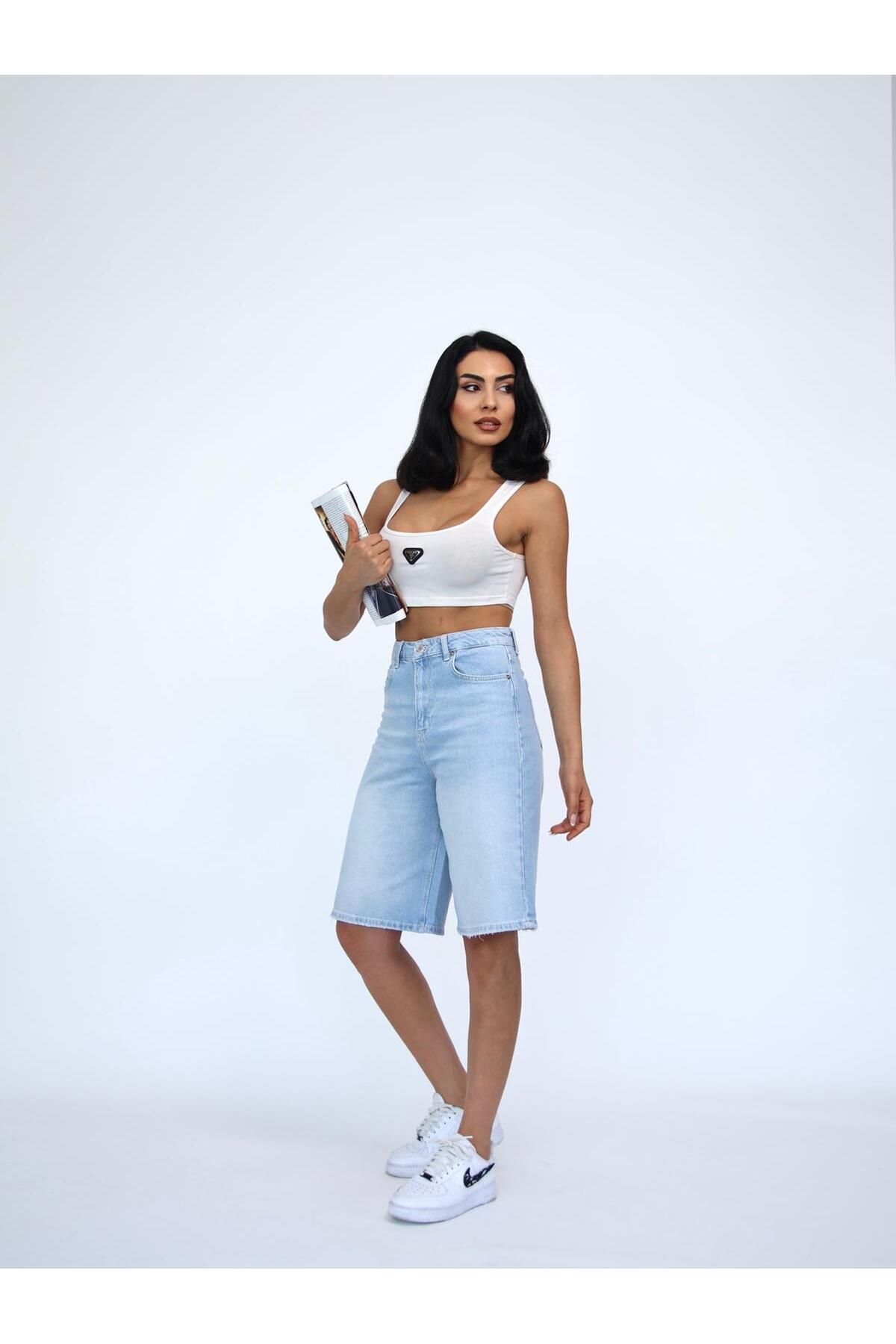 Zeo Basic-Pantaloni scurți de damă, lungime midi, albastru deschis, Lycra 3
