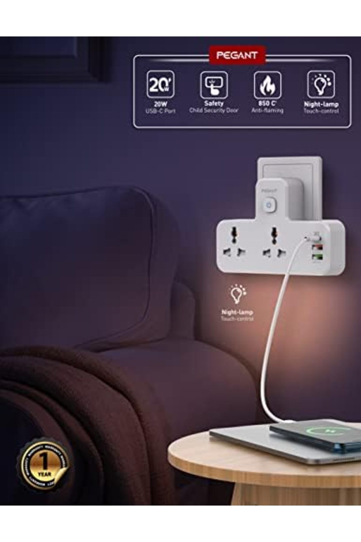Generic-PEGANT 3 in 1 Power Extension Socket Plug Adapter, 20W USB-C PD Quick Charge Port, 2 USB-A QC3.0, 2 3