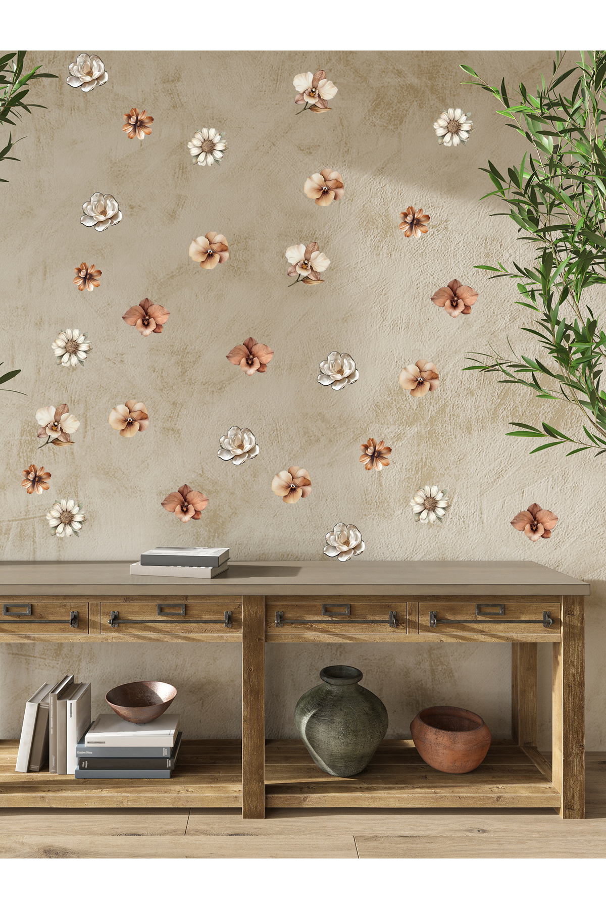 Flowers in Soft Brown and White Shades, Glass, Wall Sticker, 30 x 100, 72 Flowers