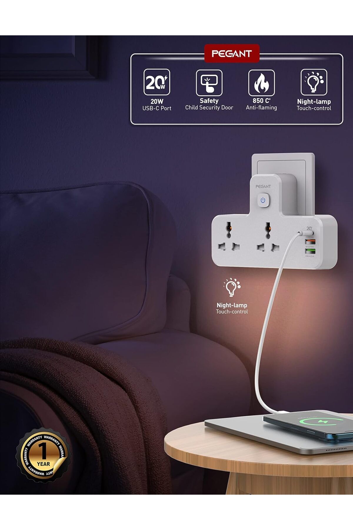 Generic-PEGANT 3 in 1 Power Extension Socket Plug Adapter, 20W USB-C PD Quick Charge Port, 2 USB-A QC3.0, 2 2