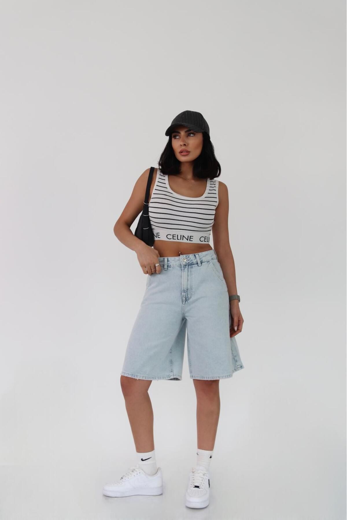 Zeo Basic-Pantaloni scurți bermuda de damă, lungime midi, albastru gheață deschis 4