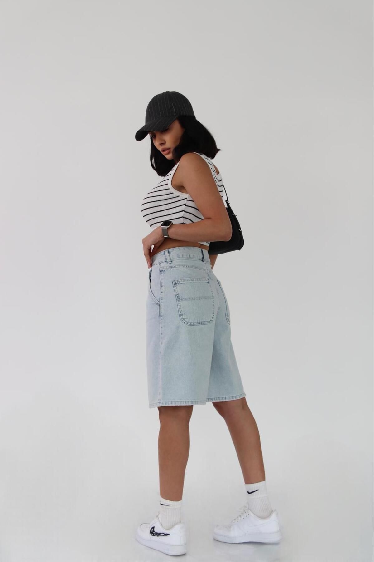 Zeo Basic-Pantaloni scurți bermuda de damă, lungime midi, albastru gheață deschis 8