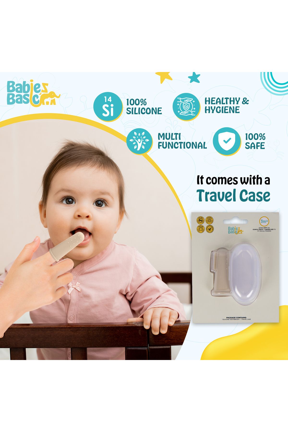 Babies Basic-فرشاة أسنان بيبيز بيسيك مع حقيبة سفر للأطفال - فرشاة أسنان سيليكون كريمية 3