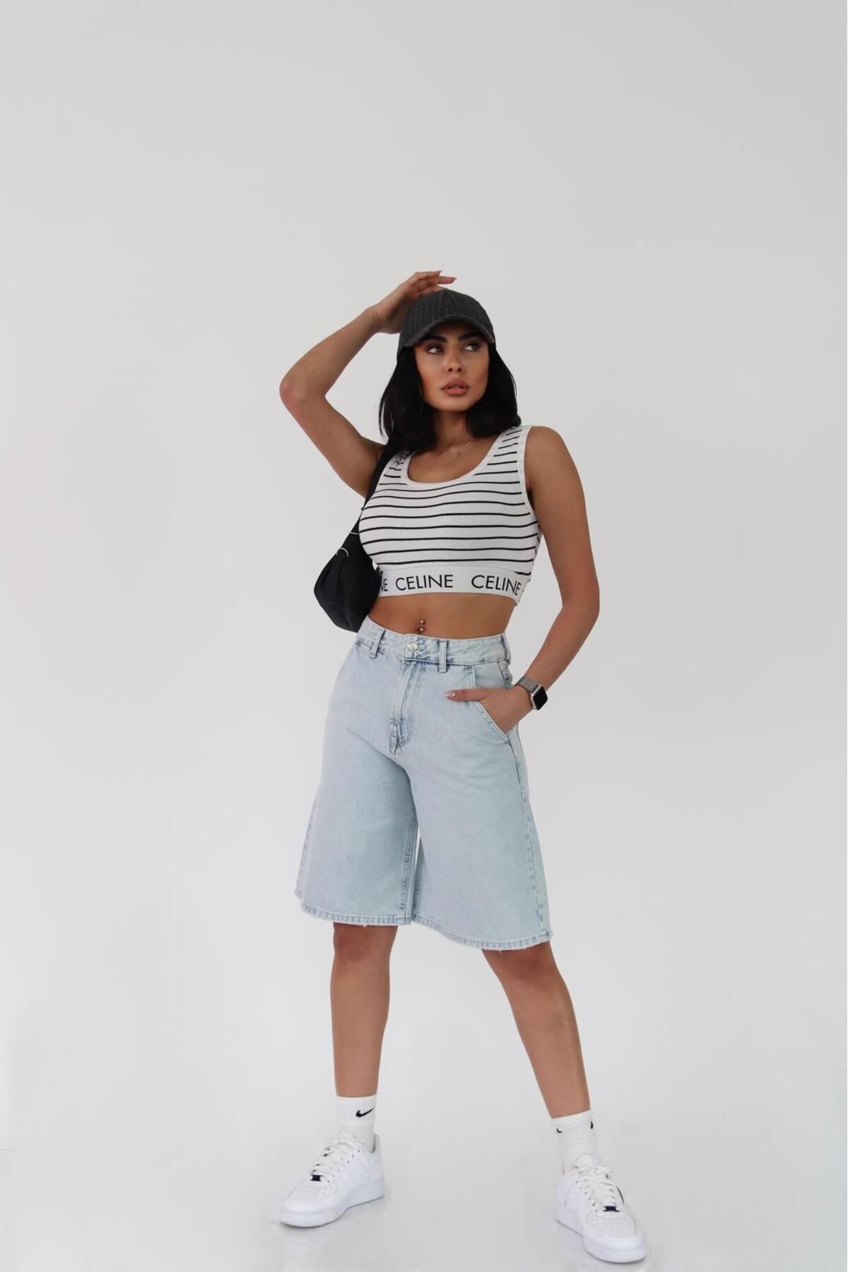 Zeo Basic-Pantaloni scurți bermuda de damă, lungime midi, albastru gheață deschis 3