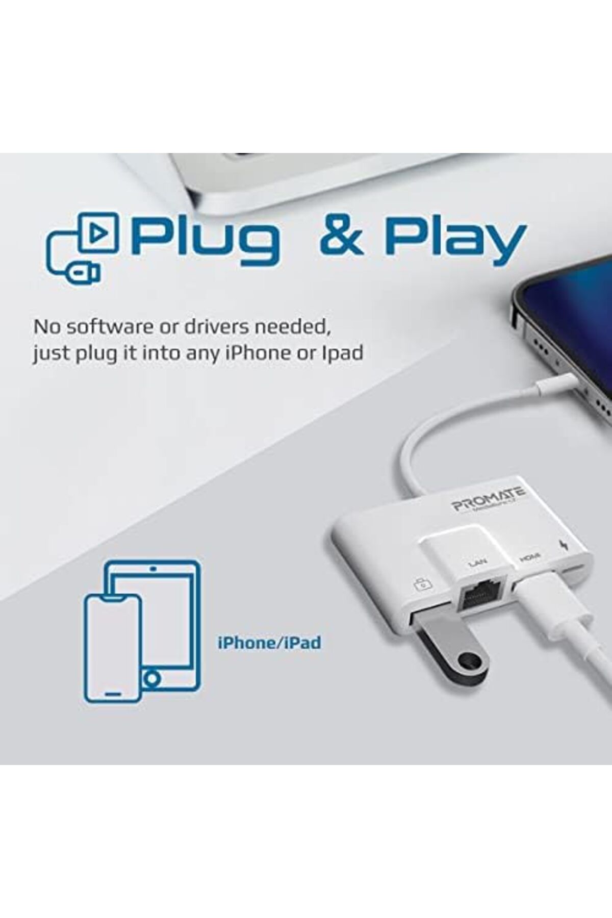 Promate-Lightning to HDMI Adapter for iPhone/iPad, Portable 4-in-1 OTG Lightning Multimedia Hub 5