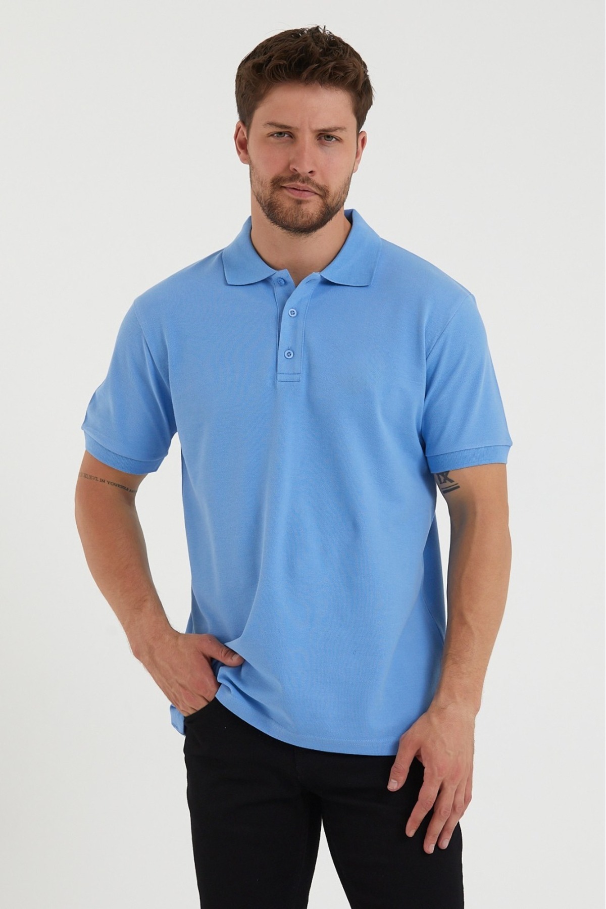 DAKSEL Erkek Basic Yazlık Kısa Kol Buz Mavi Polo Yaka Tişört
