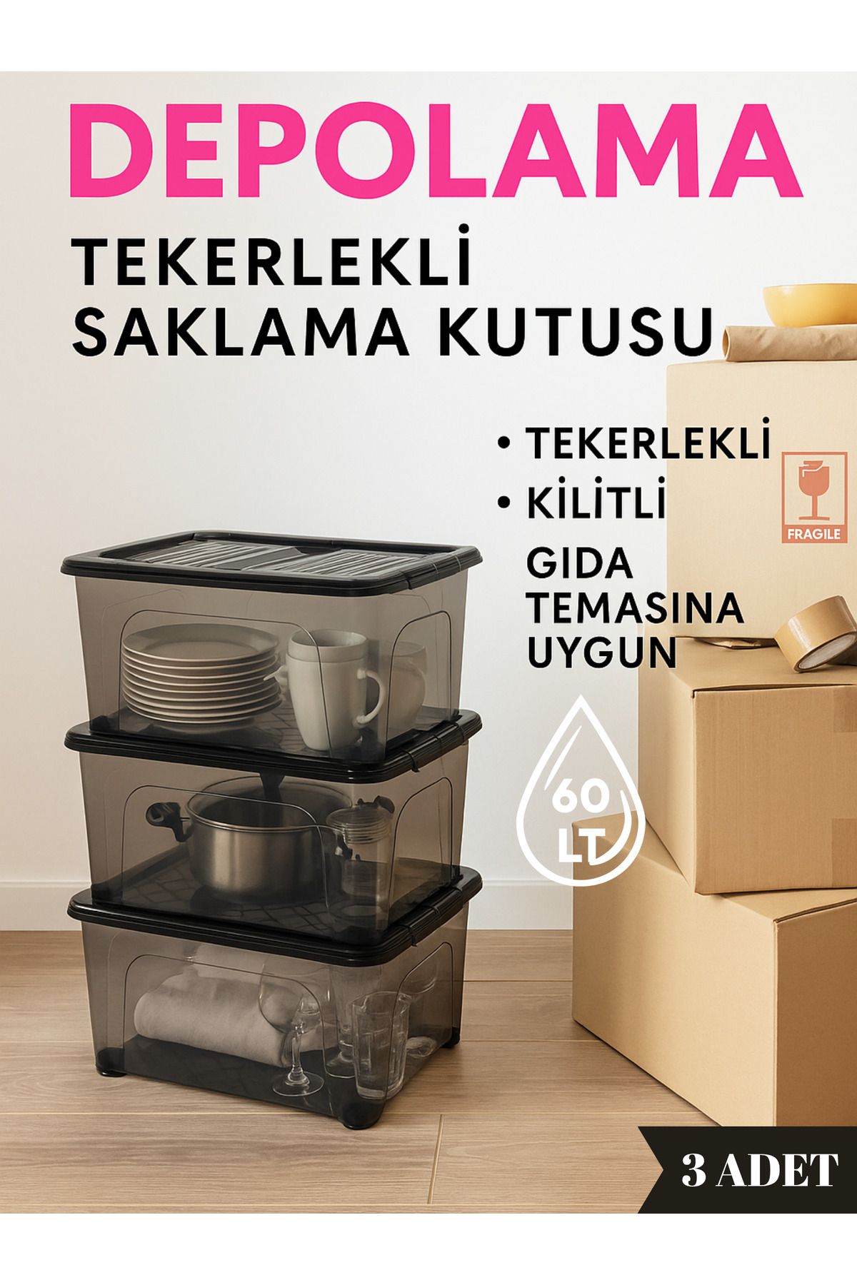 Loremp-60 Lt Wheeled Lockable Storage Box Set of 3 with Lid Transparent Bpa Free Stackable 5